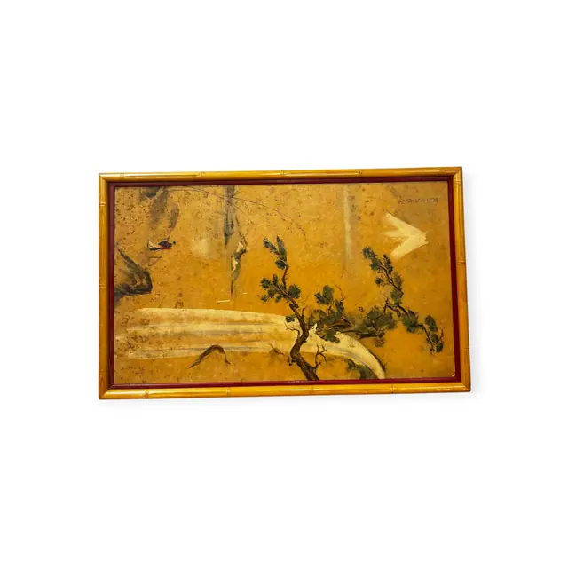 East Asian Pine and Waterfall on Gold Ground, Signed, Framed - full view