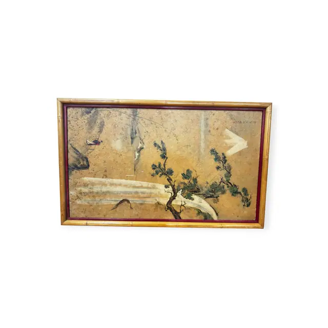 Antique East Asian Pine and Birds Painting, Signed, Framed - full view