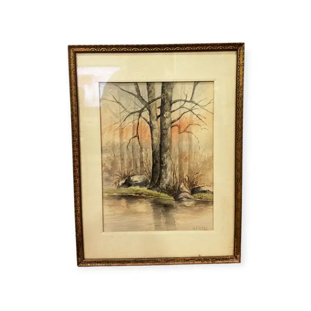 Watercolour of Bare Trees Beside Still Water, Signed, Framed - full view