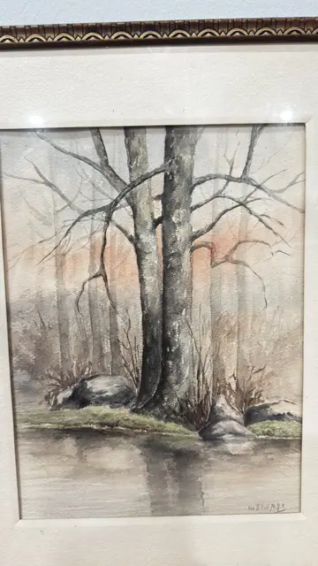 Watercolour of Bare Trees Beside Still Water, Signed, Framed - detail