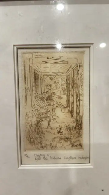Signed Drypoint Christmas at Estill Fork Alabama, Constance Huddleston Anderson, Numbered Edition, Framed - detail