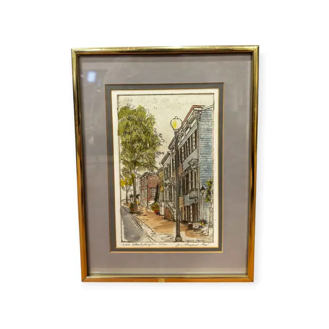 Hand-Coloured Etching 3200 O Street Georgetown, Joan Graybeal-Menard, Numbered Edition, Framed - full view