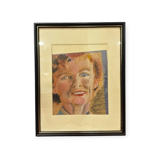 Pastel Portrait of a Smiling Auburn-Haired Woman, Framed - full view
