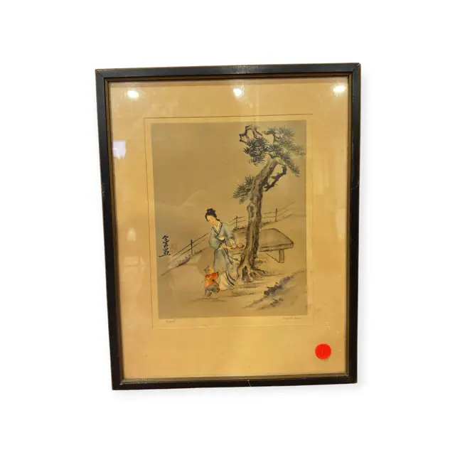 Chinese Print Proud Lady with Child and Pine, Ling Fu-Yang, Signed, Framed - full view