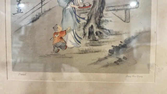 Chinese Print Proud Lady with Child and Pine, Ling Fu-Yang, Signed, Framed - signature