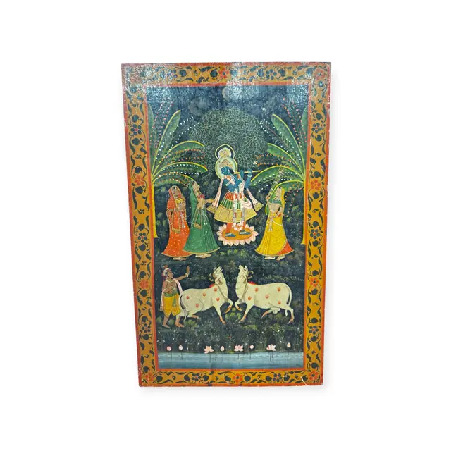 Indian Painted Panel Krishna with Gopis and Cows, Unframed - full view