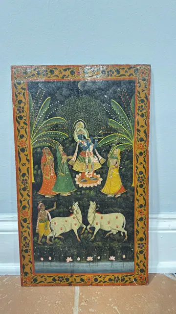 Indian Painted Panel Krishna with Gopis and Cows, Unframed - detail