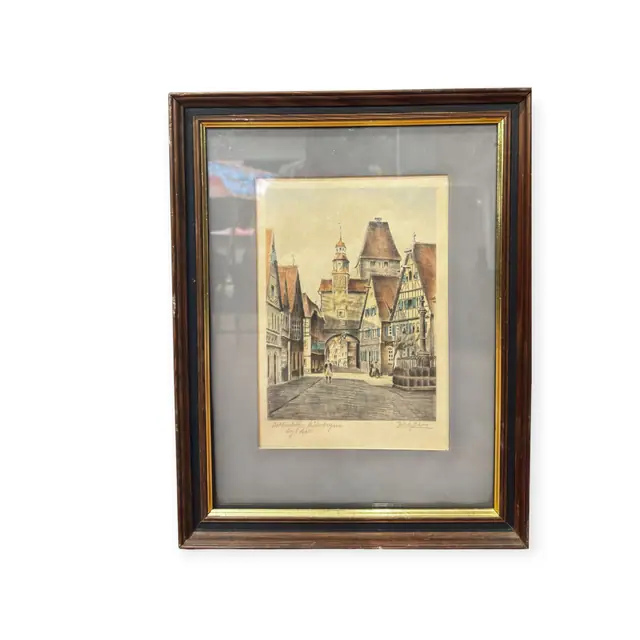 Hand-Coloured Etching of Rothenburg Roderbogen, Signed, Framed - full view