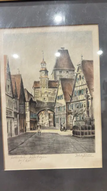 Hand-Coloured Etching of Rothenburg Roderbogen, Signed, Framed - detail