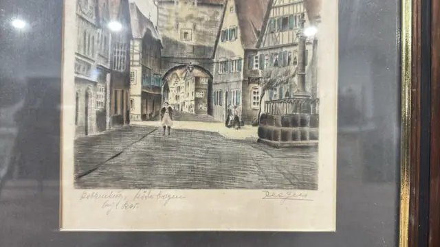 Hand-Coloured Etching of Rothenburg Roderbogen, Signed, Framed - signature