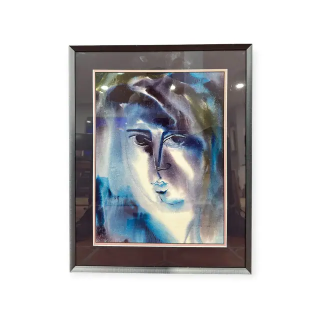 Modern Watercolour Portrait Face in Blue, Signed, Framed - full view