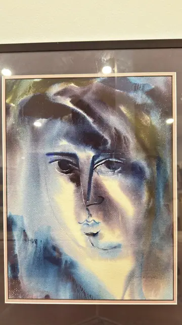 Modern Watercolour Portrait Face in Blue, Signed, Framed - detail