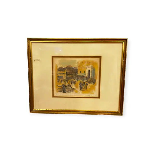 Artist Proof Etching of a Crowded Market Street, Signed in the Plate, Framed - full view