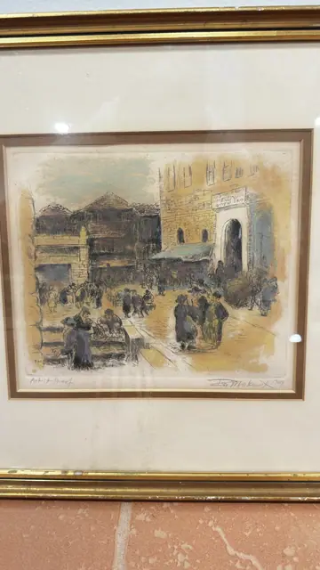 Artist Proof Etching of a Crowded Market Street, Signed in the Plate, Framed - detail