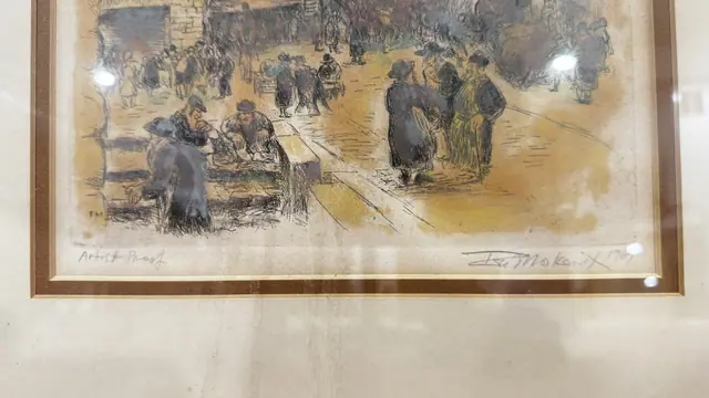 Artist Proof Etching of a Crowded Market Street, Signed in the Plate, Framed - signature