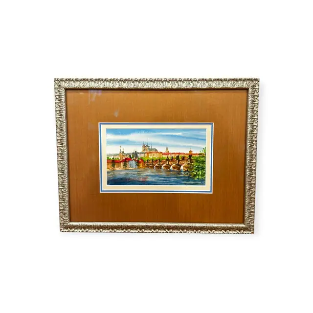 Watercolour of Prague Castle and Charles Bridge, Framed - full view