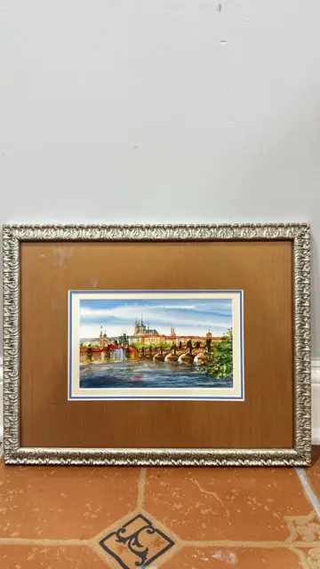 Watercolour of Prague Castle and Charles Bridge, Framed - detail