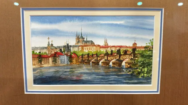 Watercolour of Prague Castle and Charles Bridge, Framed - detail