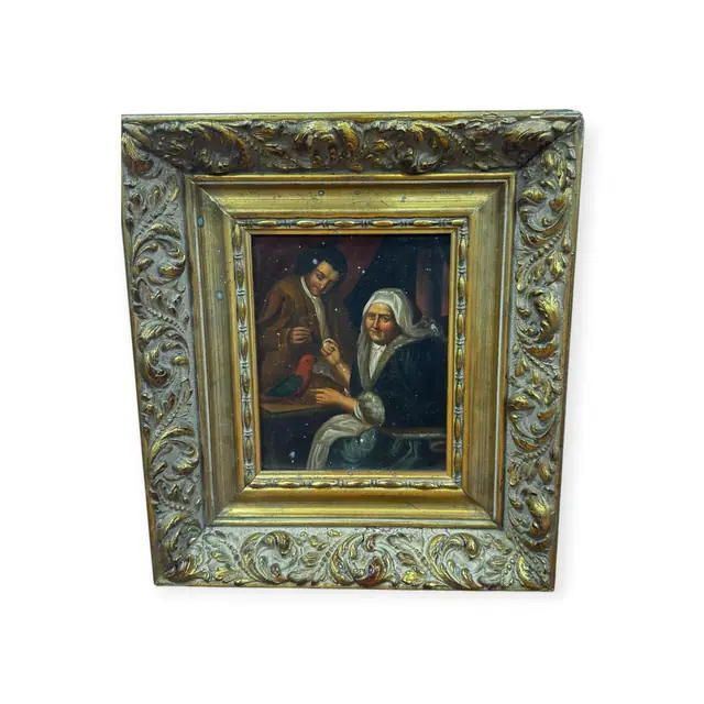 Old Master Style Oil Genre Scene with Parrot, Framed - full view