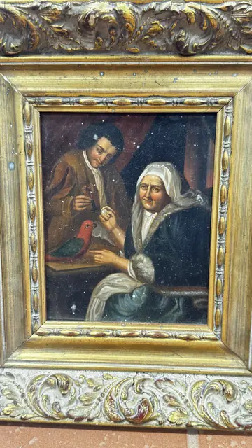 Old Master Style Oil Genre Scene with Parrot, Framed - detail
