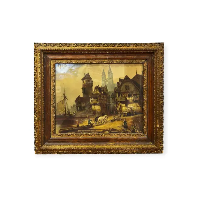 Half-Timbered Riverside Town With Cathedral, Framed - full view