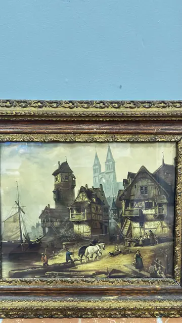 Half-Timbered Riverside Town With Cathedral, Framed - detail
