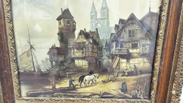 Half-Timbered Riverside Town With Cathedral, Framed - detail