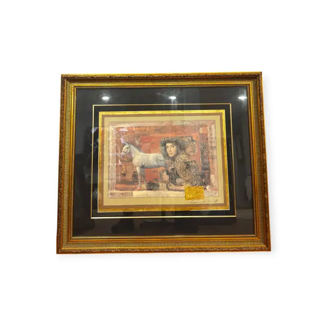 Girl With White Horse, Gold Leaf Artwork, Signed, Framed - full view