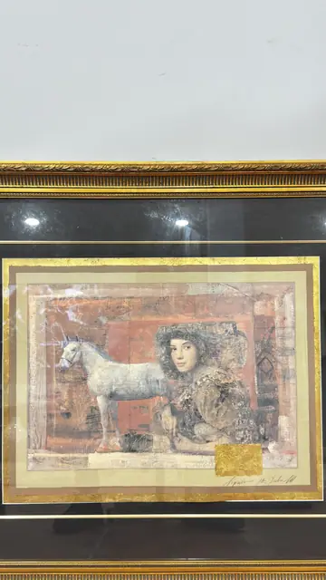 Girl With White Horse, Gold Leaf Artwork, Signed, Framed - detail