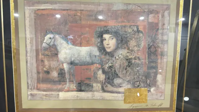 Girl With White Horse, Gold Leaf Artwork, Signed, Framed - detail