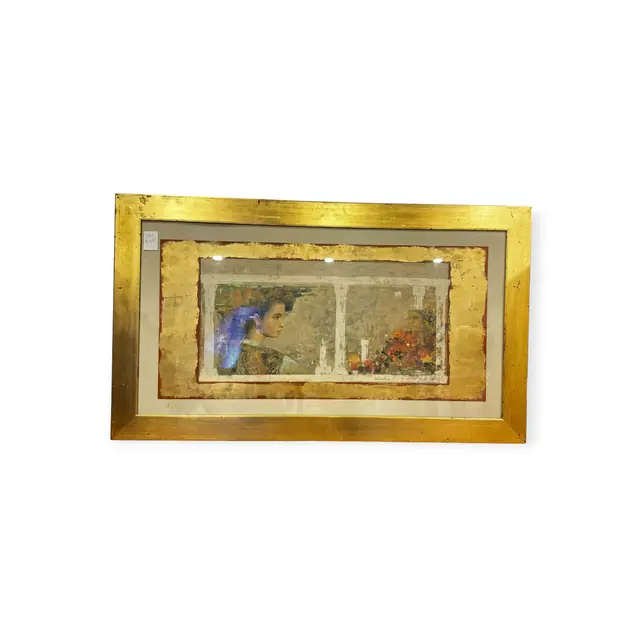 Large Fresco-Style Panel With Gold Leaf, Signed, Framed - full view