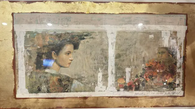 Large Fresco-Style Panel With Gold Leaf, Signed, Framed - detail