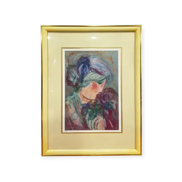 Barbara A. Wood Signed Print, Woman With Roses, Numbered Edition, Framed - full view