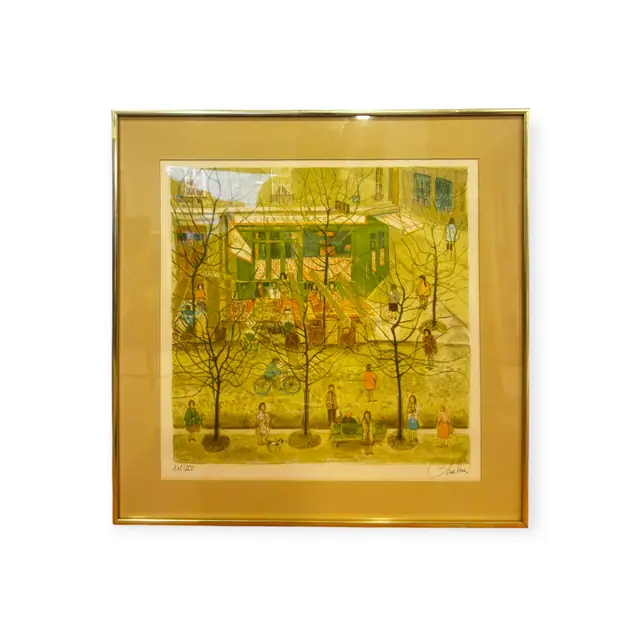 Naive Paris Street Scene, Signed Colour Lithograph, Numbered Edition, Framed - full view