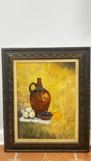 Still Life With Stoneware Jug and Fruit, Segal, Signed, Framed - detail