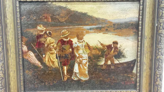 In the Clearing, Figures by a River, A. Moreau, Signed, Framed - detail