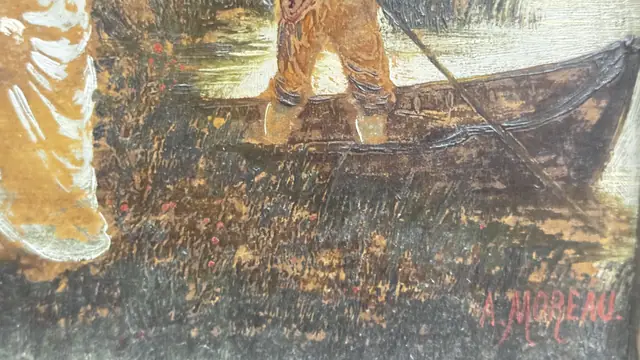 In the Clearing, Figures by a River, A. Moreau, Signed, Framed - detail