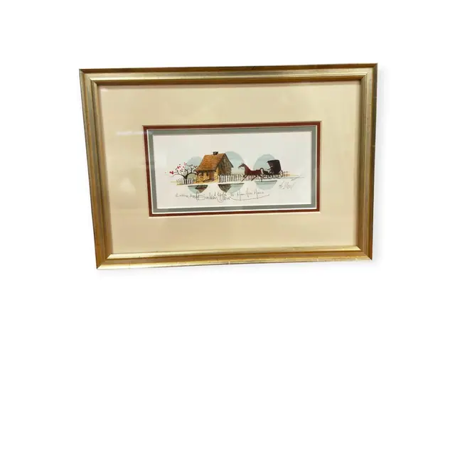 Amish Farmstead and Buggy with Reflection, Signed, Framed - full view