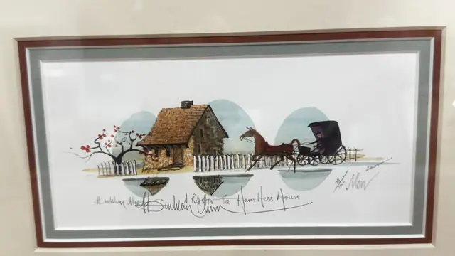 Amish Farmstead and Buggy with Reflection, Signed, Framed - detail