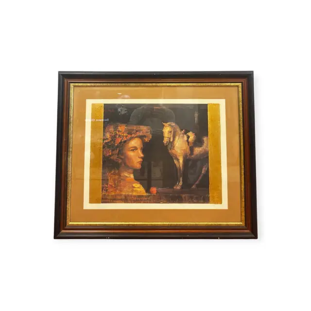 Woman with Headdress and White Horse, Gold Leaf, Signed, Framed - full view