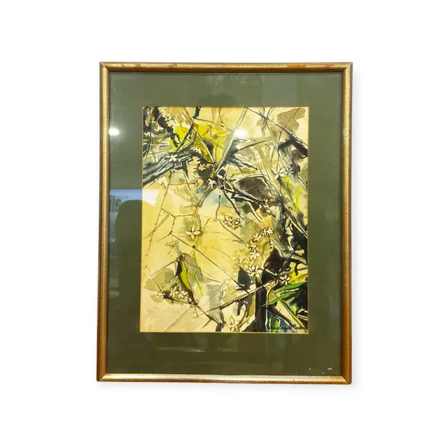 Bamboo and Blossom, Abstract Botanical, Signed, Framed - full view