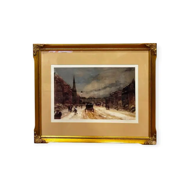 Winter Street with Tram, Limited Edition, Numbered Edition, Framed - full view