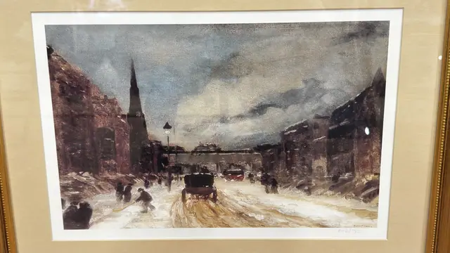 Winter Street with Tram, Limited Edition, Numbered Edition, Framed - detail