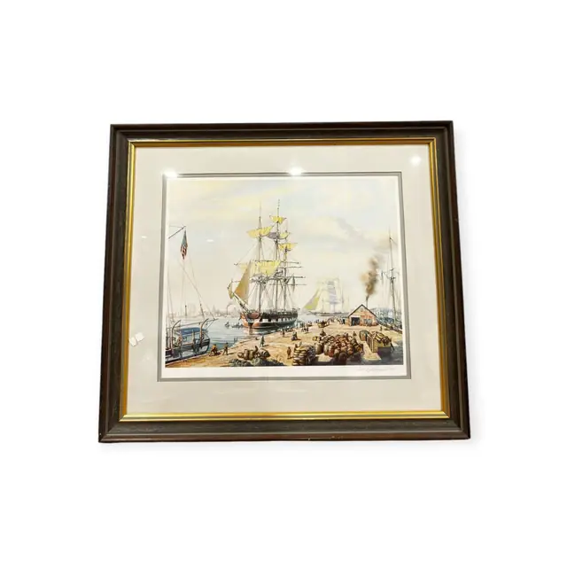 Tall Ship at a Busy Quayside, Signed, Framed - full view