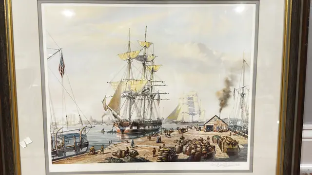 Tall Ship at a Busy Quayside, Signed, Framed - detail