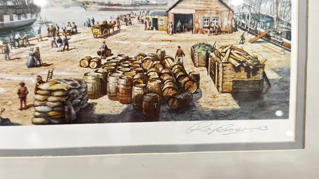 Tall Ship at a Busy Quayside, Signed, Framed - detail