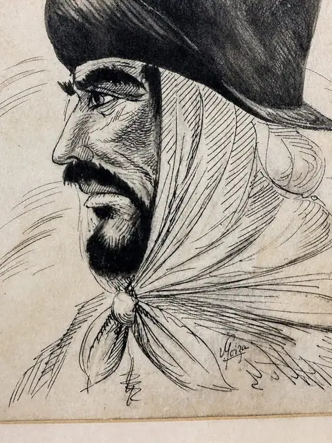 Antique Style Charcoal Portrait of a Bearded Man in a Wide Hat, Black Frame - detail