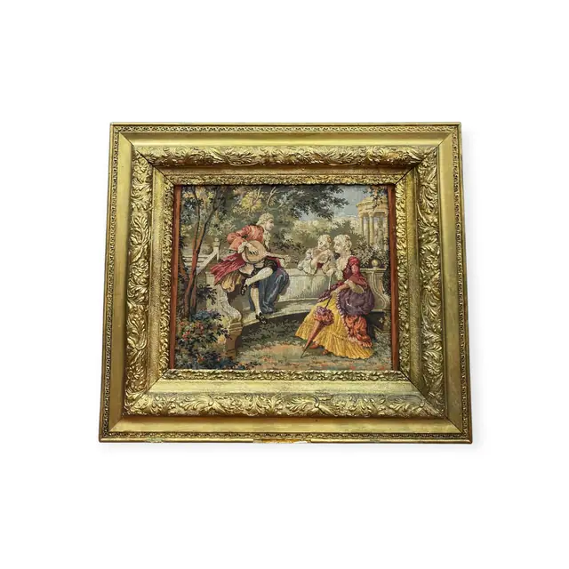 Rococo Garden Scene Tapestry in Gilt Frame, Framed - full view