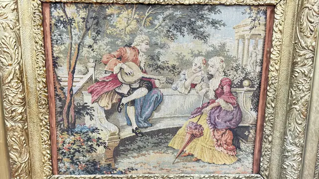 Rococo Garden Scene Tapestry in Gilt Frame, Framed - detail