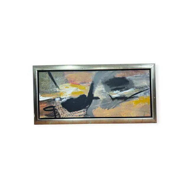 Wide Abstract in Black, Ochre and Bone, Signed, Framed - full view